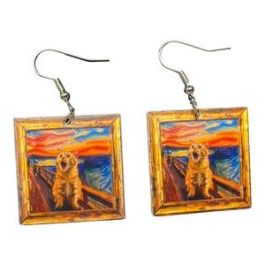 Cute Cat Oil Painting Style Light Weight Thin Acrylic Print Earrings Nickel-Free